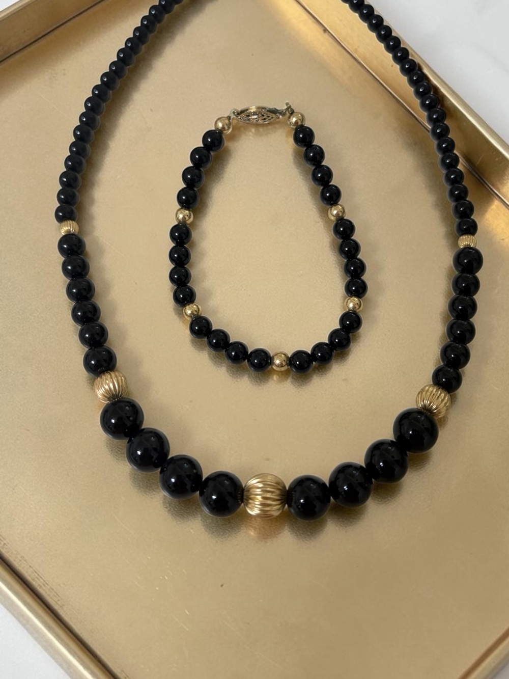 Black and Gold Beaded Necklace and Bracelet Set